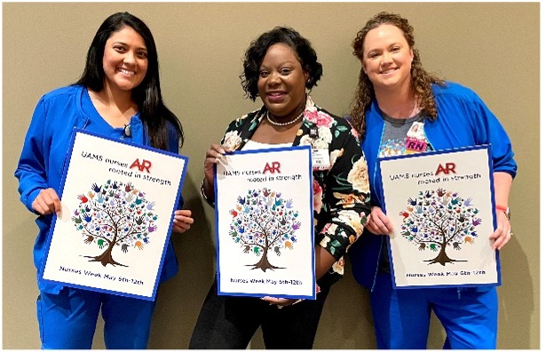 L-R: Chandani Patel, RN, IMSL, Ava Coleman, RN, CON, and Melissa Tillman, RN CSM, NUSL, members of UAMS NursesRock Committee