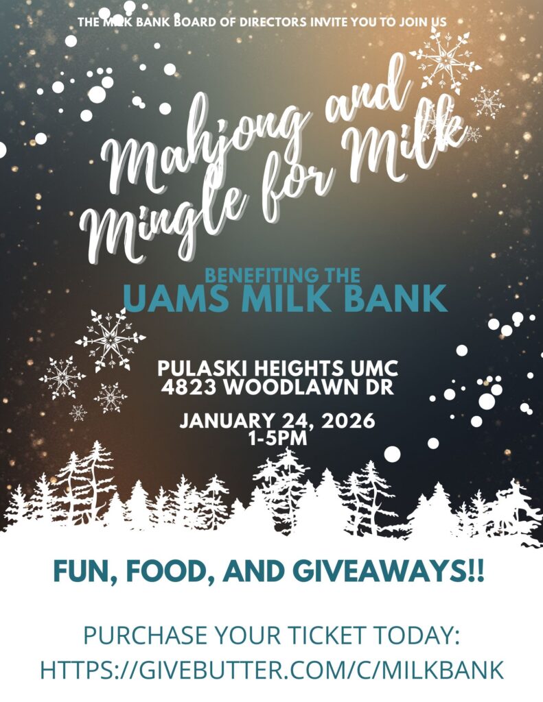 Graphic of the Mahjong and Mingle for Milk event. Benefiting the UAMS Milk Bank. January 24, 2026 from 1-5pm