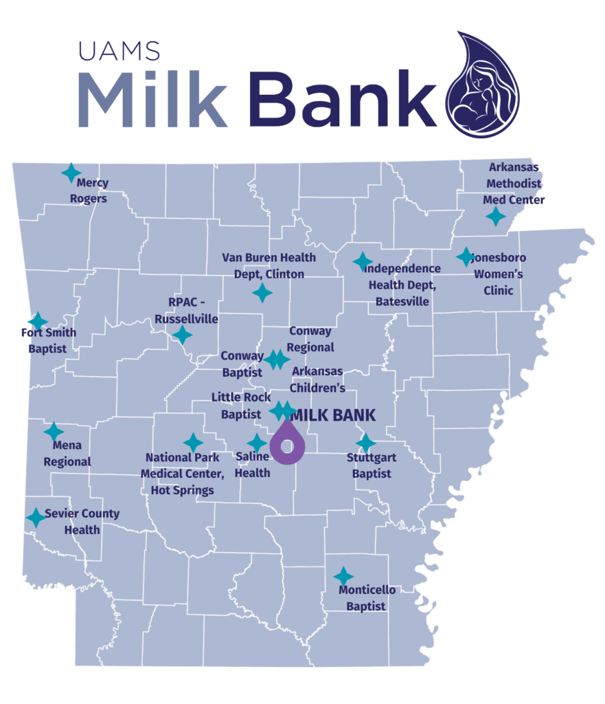 A map of the state of Arkansas listing the locations of UAMS Milk Bank depots.
