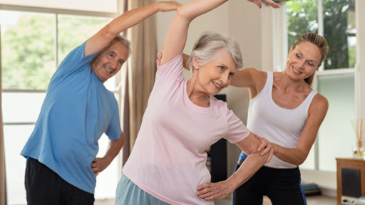 Image of a s couple doing exercise at home with physiotherapist.