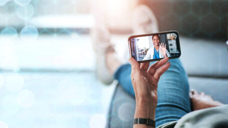 Phone, wave and video call of doctor on banner for webinar, meeting or bokeh on grid overlay. Mobile, hello and medical professional in online consultation, telehealth or happy woman greeting patient